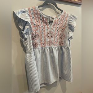 Blue White Stripe Colorful Embroidered V Neck Blouse Top